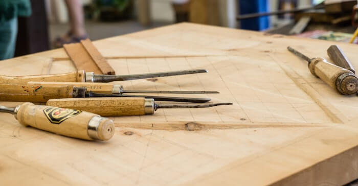 Workshop sawdust on a wooden bench