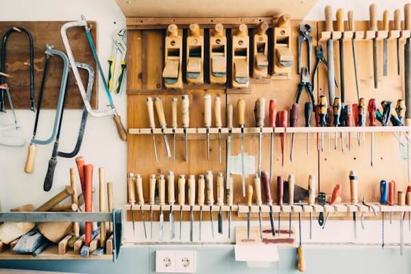 Workshop floor and bench area with light debris
