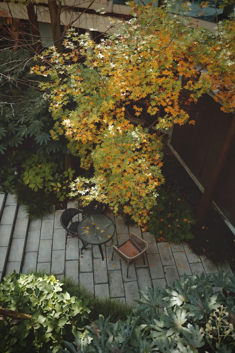 Cordless leaf blower clearing an outdoor patio